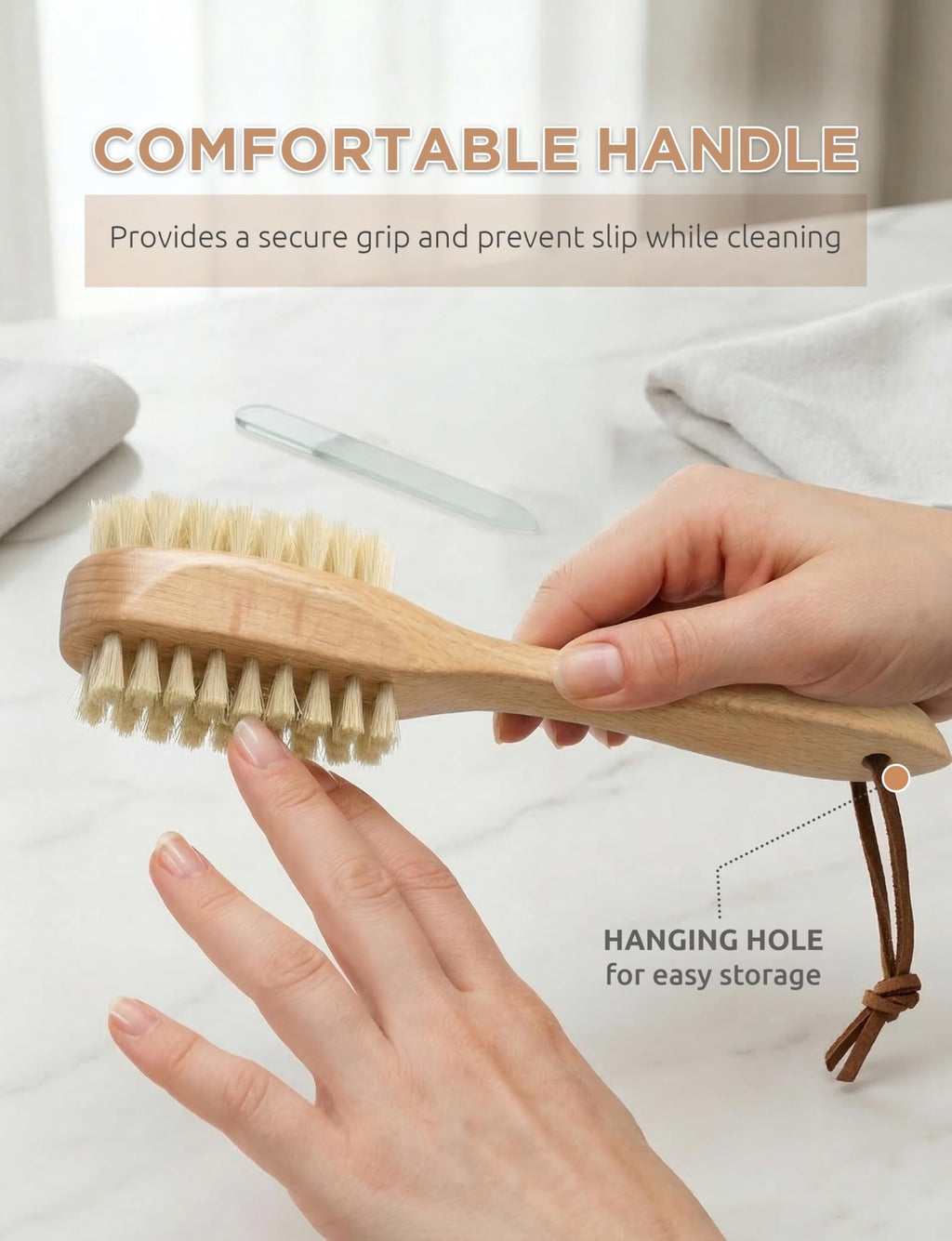 Takavu pure boar bristle manicure brush held in hand illustrating ergonomic round grip.