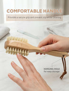 Takavu pure boar bristle manicure brush held in hand illustrating ergonomic round grip.