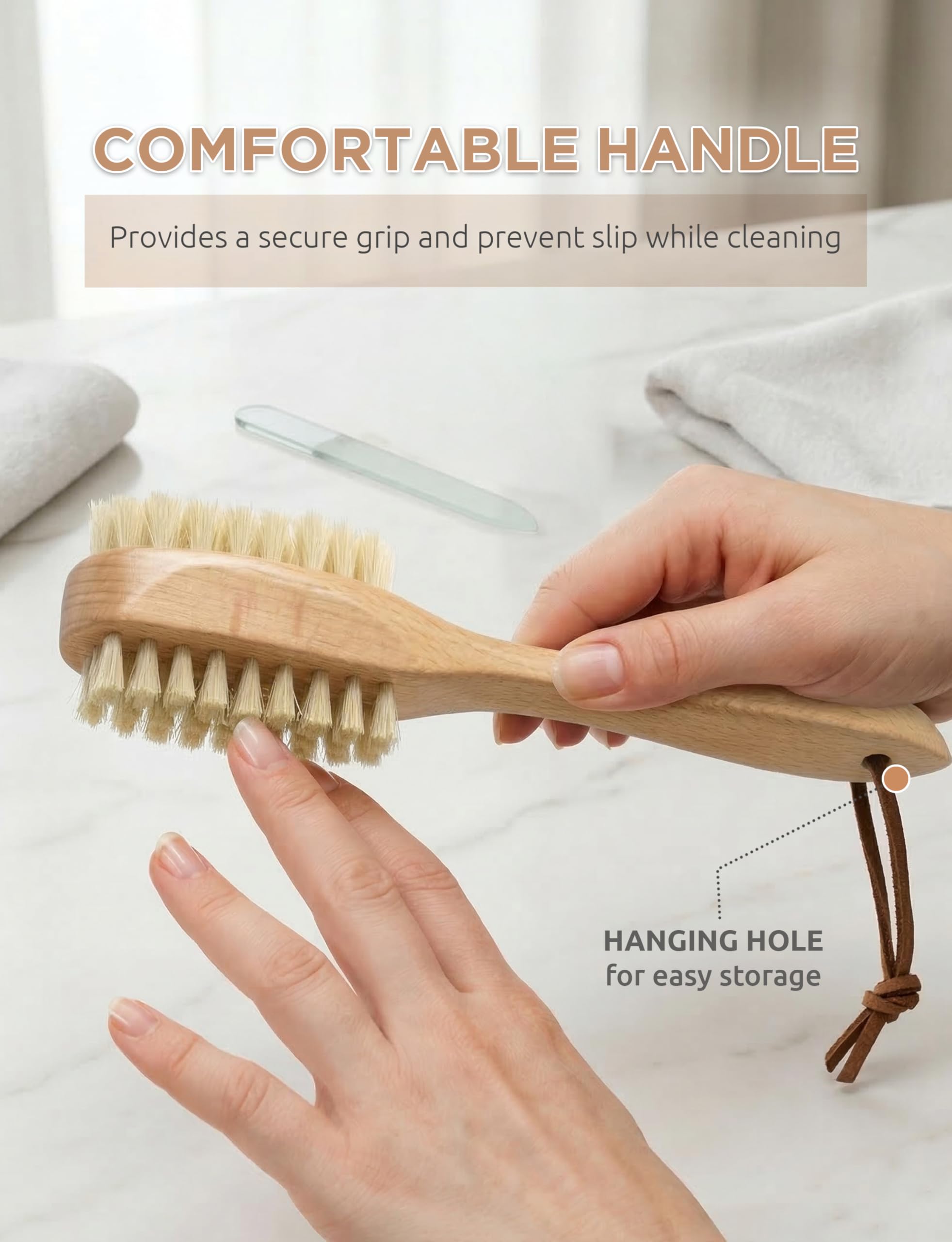 Takavu pure boar bristle manicure brush held in hand illustrating ergonomic round grip.