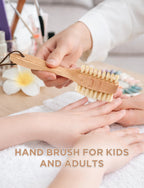 Takavu wooden nail cleaning brush placed on a dry bathroom surface for air drying.