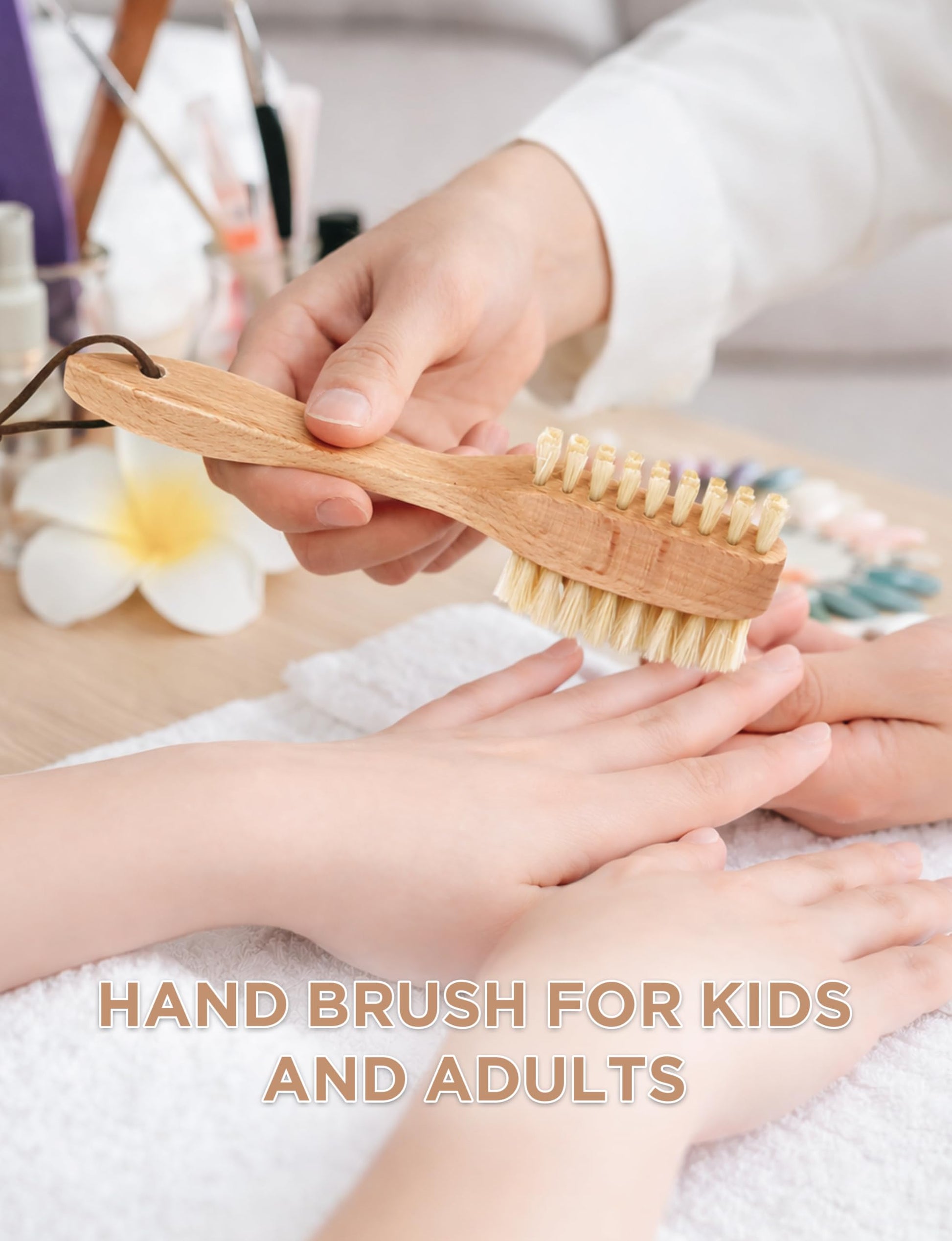 Takavu wooden nail cleaning brush placed on a dry bathroom surface for air drying.