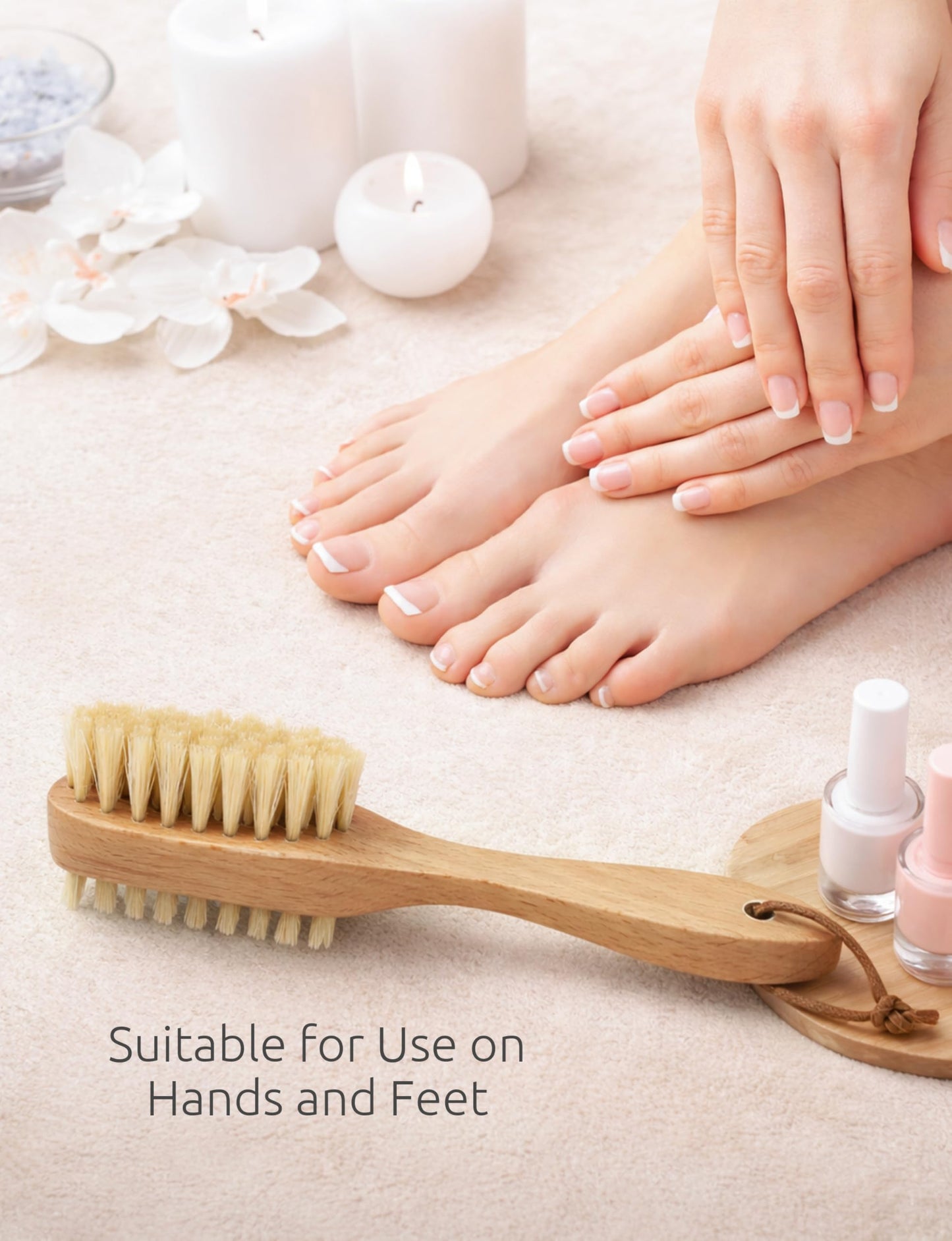 Takavu natural wood handle pedicure brush demonstrating non slip texture for wet use.
