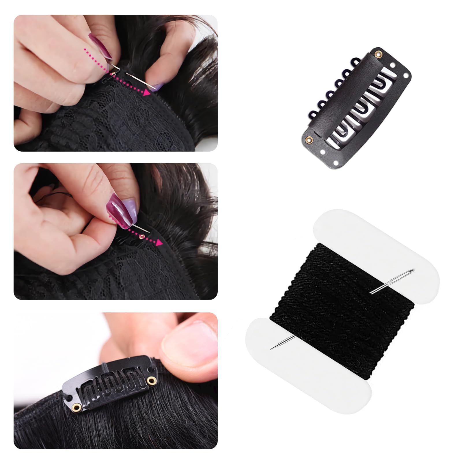 Thirty-two millimeter professional metal extension clips with integrated sewing holes and included black thread spool