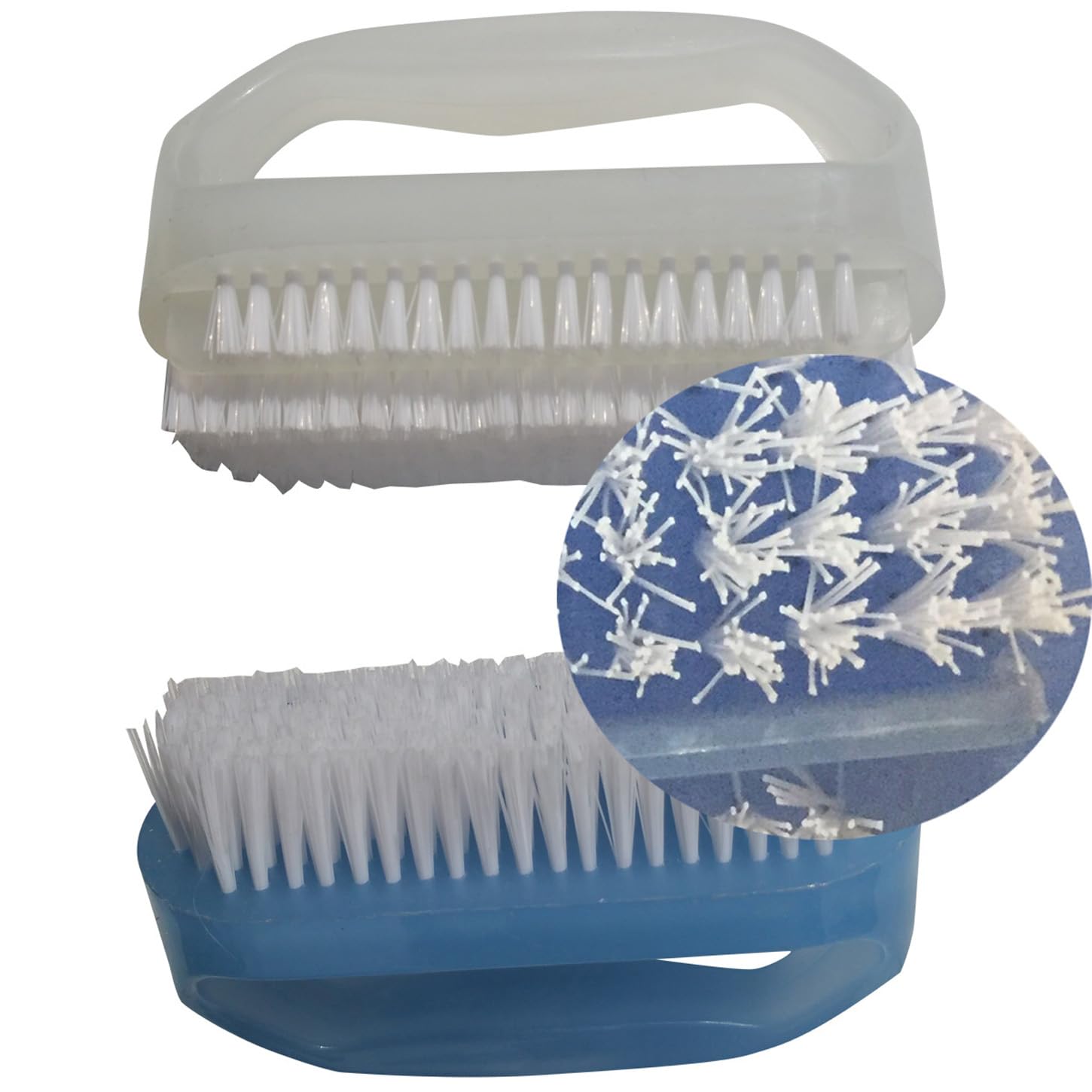 Close up view of the premium soft nylon filaments and integrated plastic cuticle cleaner bar