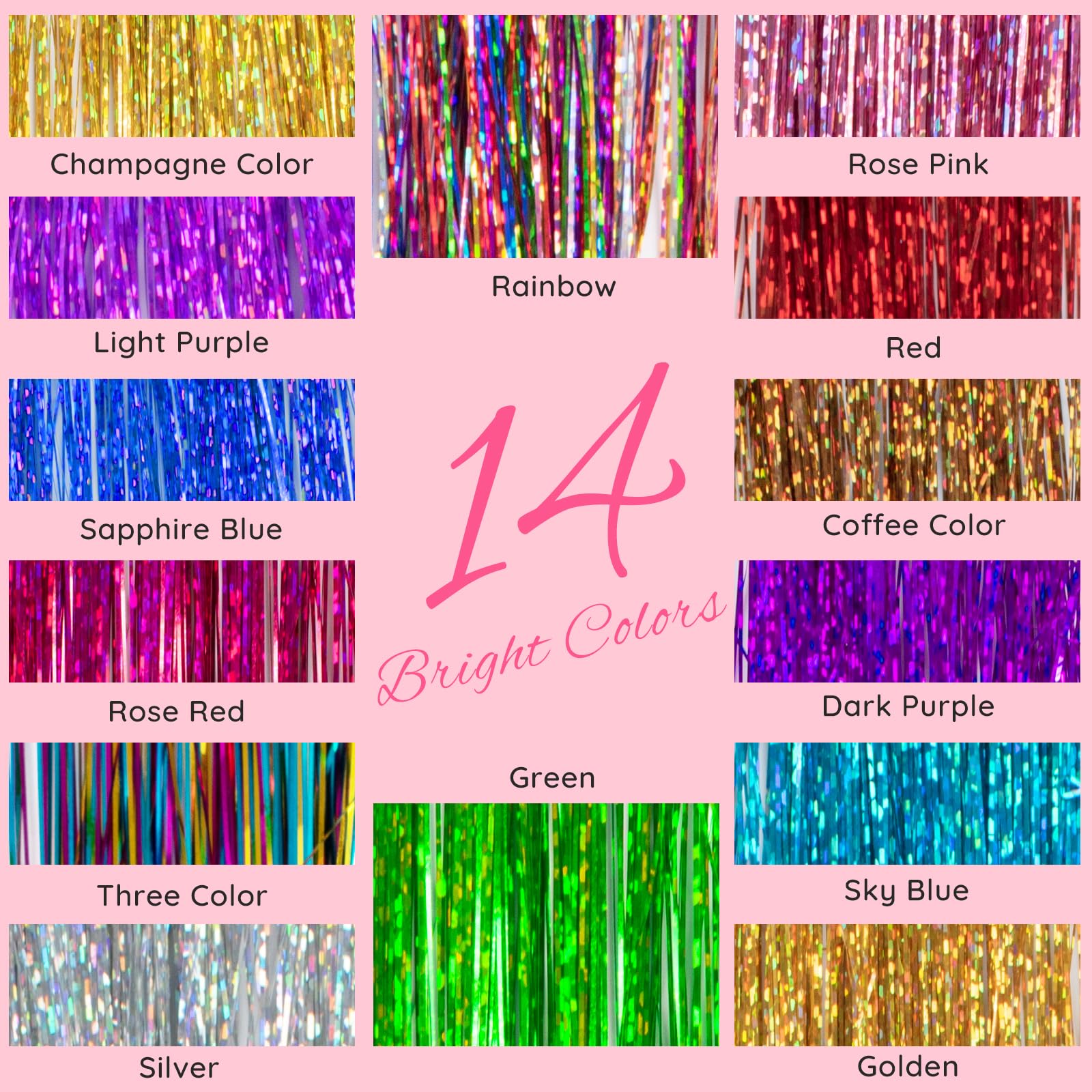 Close up view of the durable heat resistant fairy hair tinsel strands in multiple sparkling shades.