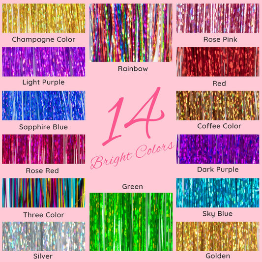 Close up view of the durable heat resistant fairy hair tinsel strands in multiple sparkling shades.