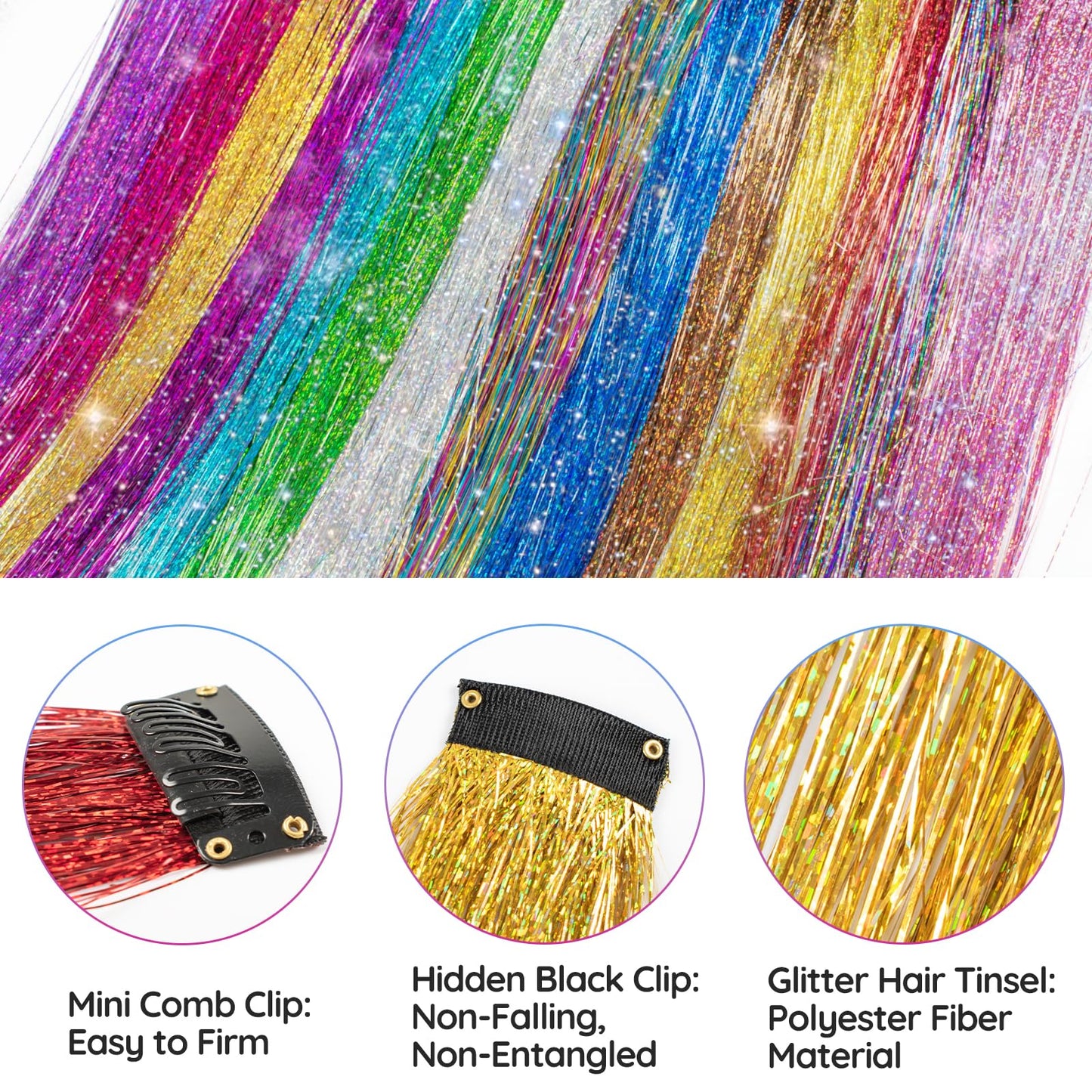 Demonstration of the easy snap clip mechanism on the multi color glitter hairpieces for girls and kids.