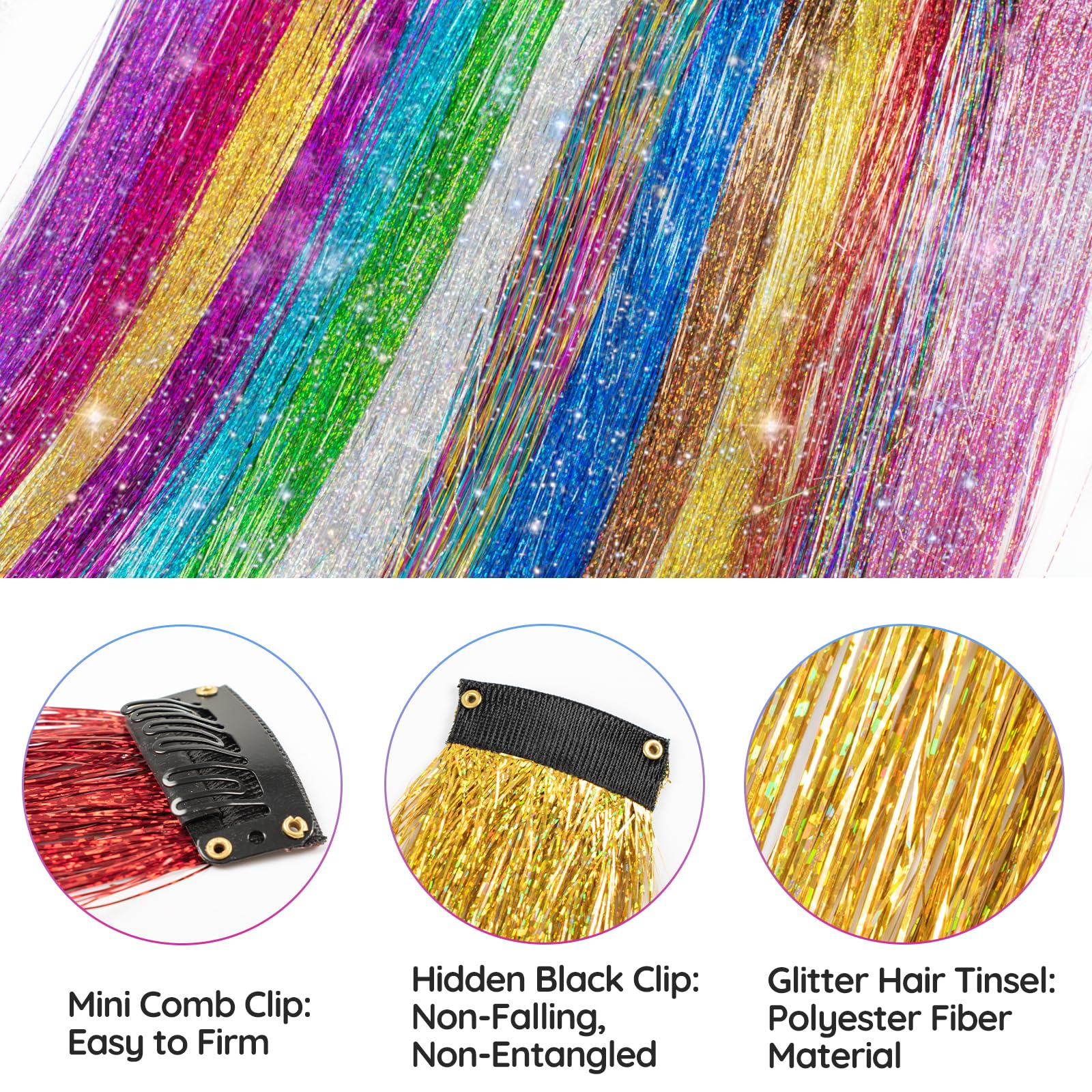 Demonstration of the easy snap clip mechanism on the multi color glitter hairpieces for girls and kids.