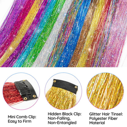 Demonstration of the easy snap clip mechanism on the multi color glitter hairpieces for girls and kids.