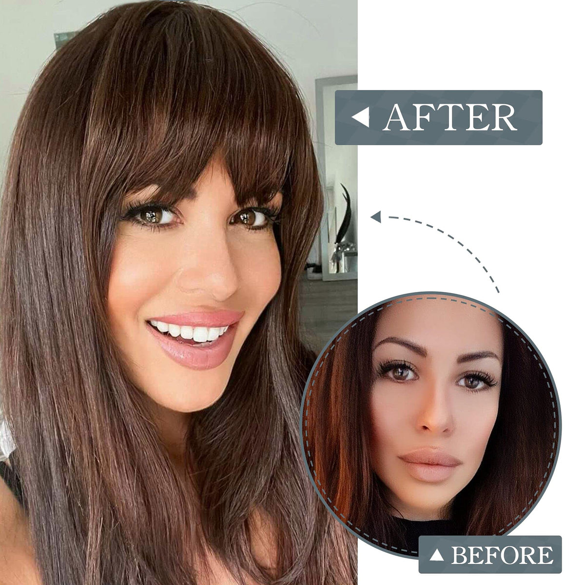 BARSDAR real hair bangs pieces before and after comparison demonstrating volume and transformation.