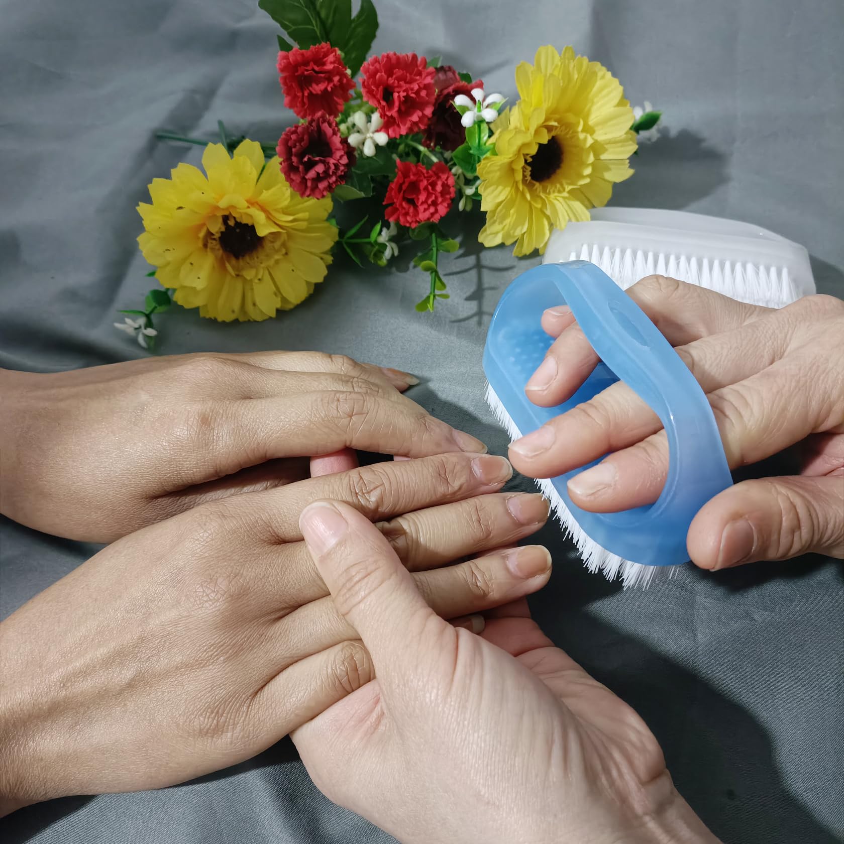 Authentic imported personal care accessories featuring half clear blue and white colors