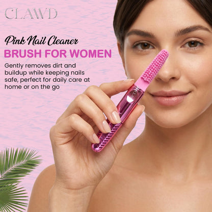 Close up view of the soft bristles on the pink portable travel nail cleaner