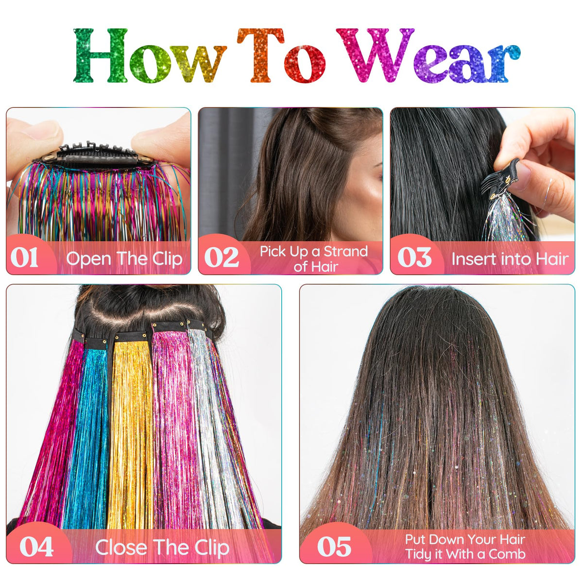 Side profile of a hairstyle featuring 19.7 inch straight colorful hair accessories used for party highlights.