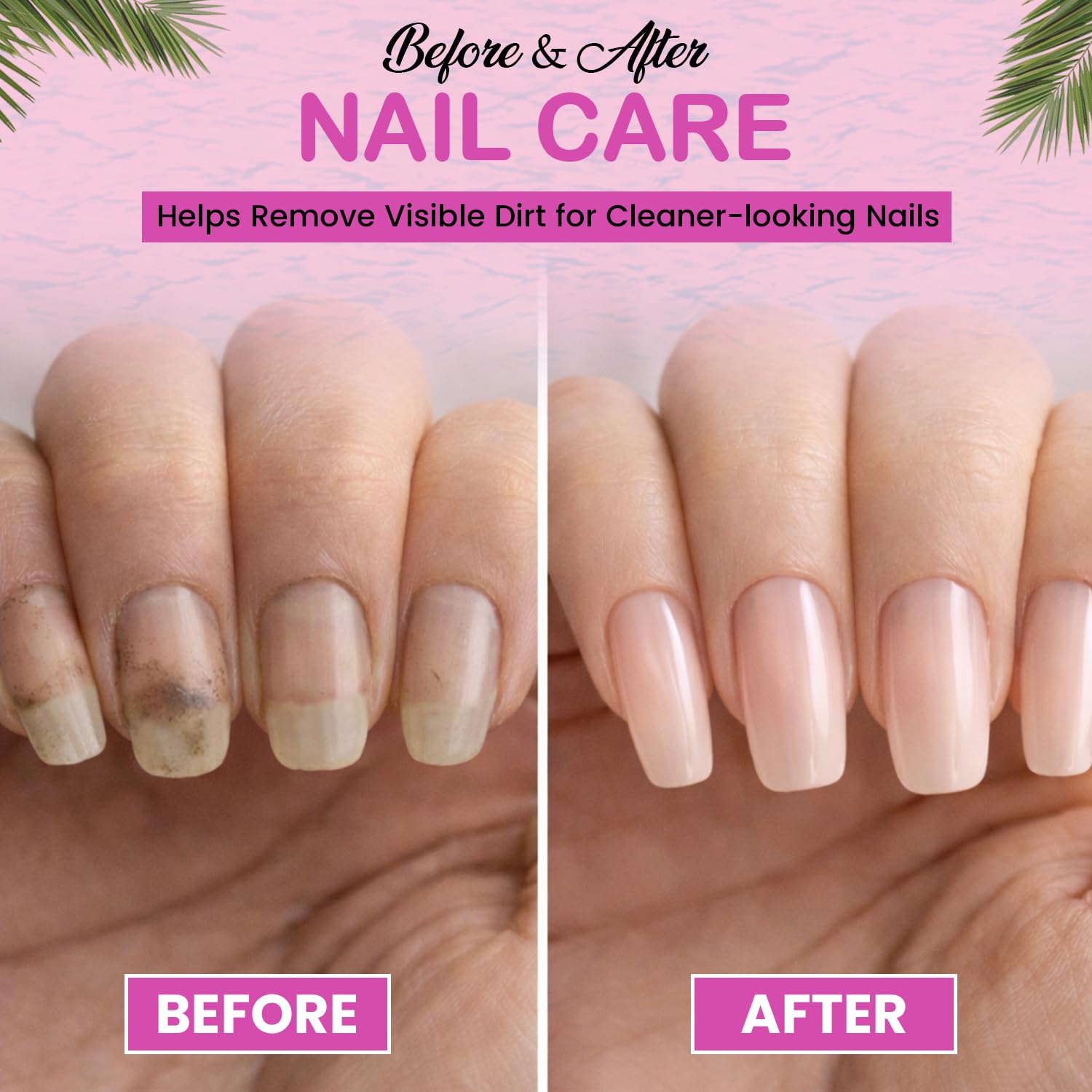 Pink hand care tool for removing dirt and grime from natural and acrylic nails
