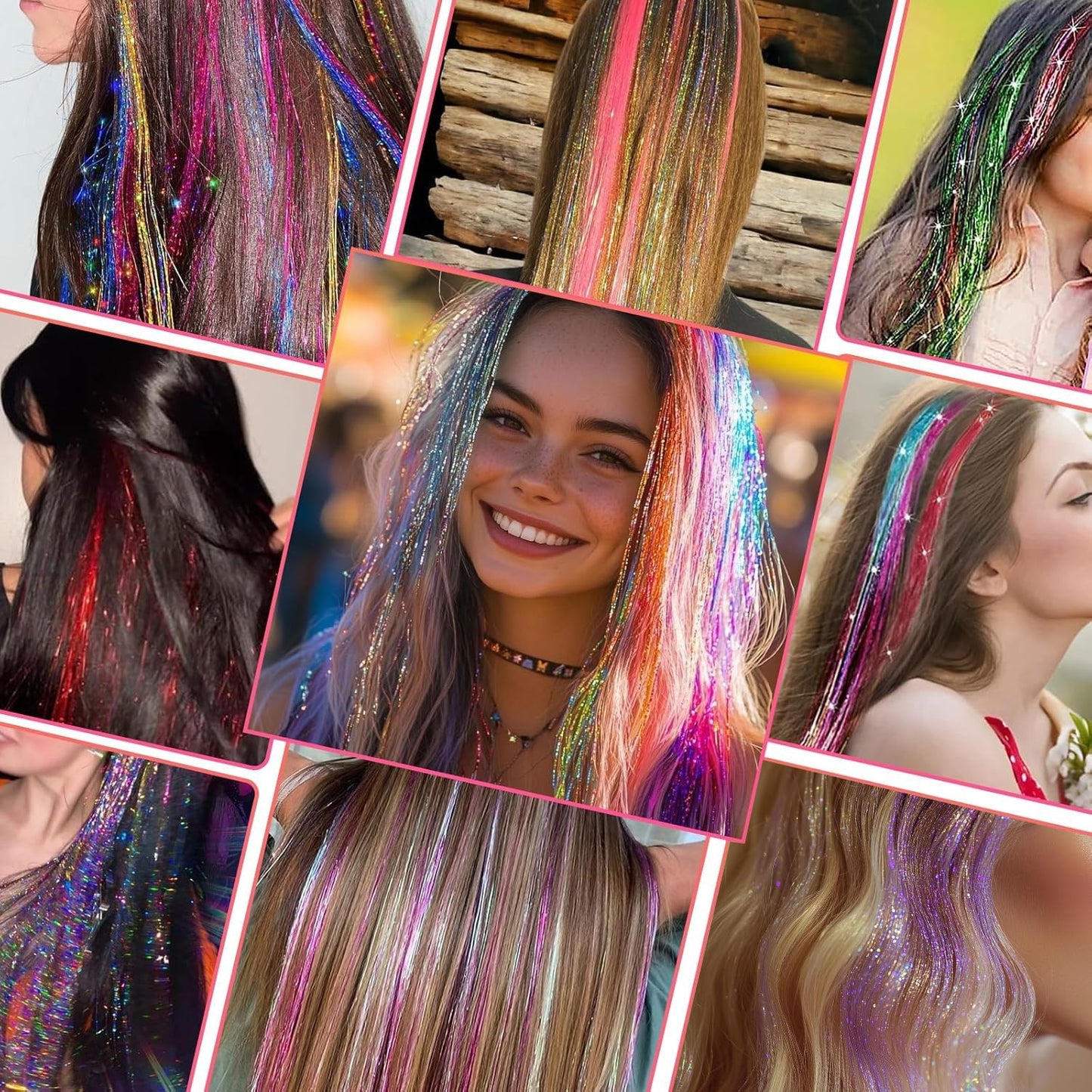 The complete 14 piece rainbow color selection of the imported Good Seller hair tinsel kit on display.