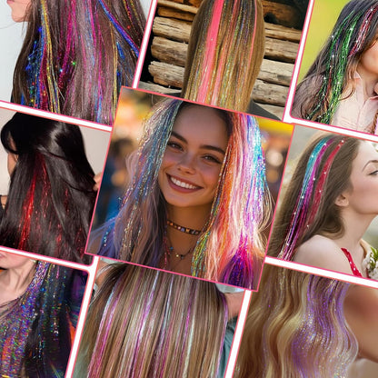 The complete 14 piece rainbow color selection of the imported Good Seller hair tinsel kit on display.