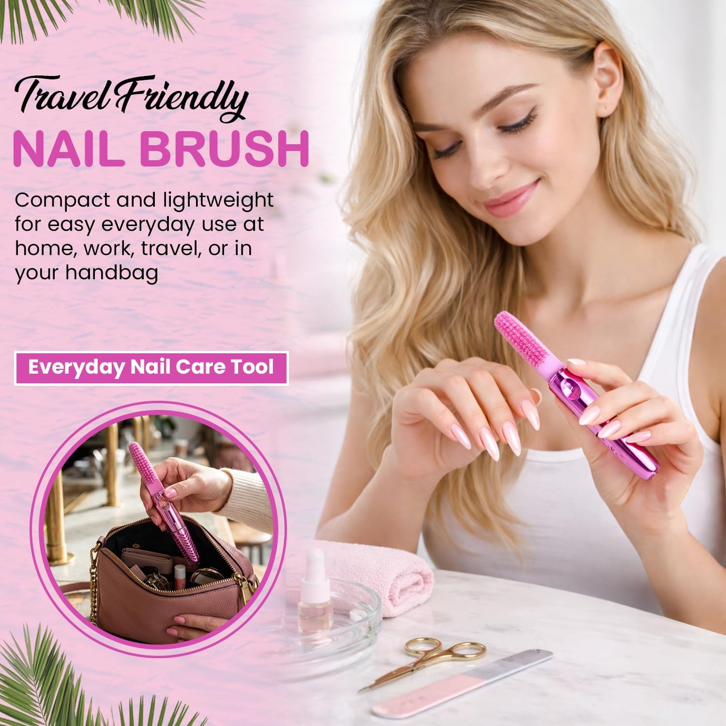 Top view of the premium soft bristle structure of the pink travel size finger cleaner