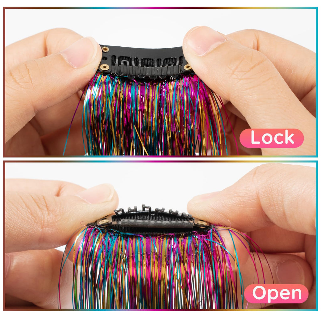 Back view of a braided hairstyle blended with shimmering reusable tinsel hair extensions for festival styling.