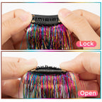 Back view of a braided hairstyle blended with shimmering reusable tinsel hair extensions for festival styling.