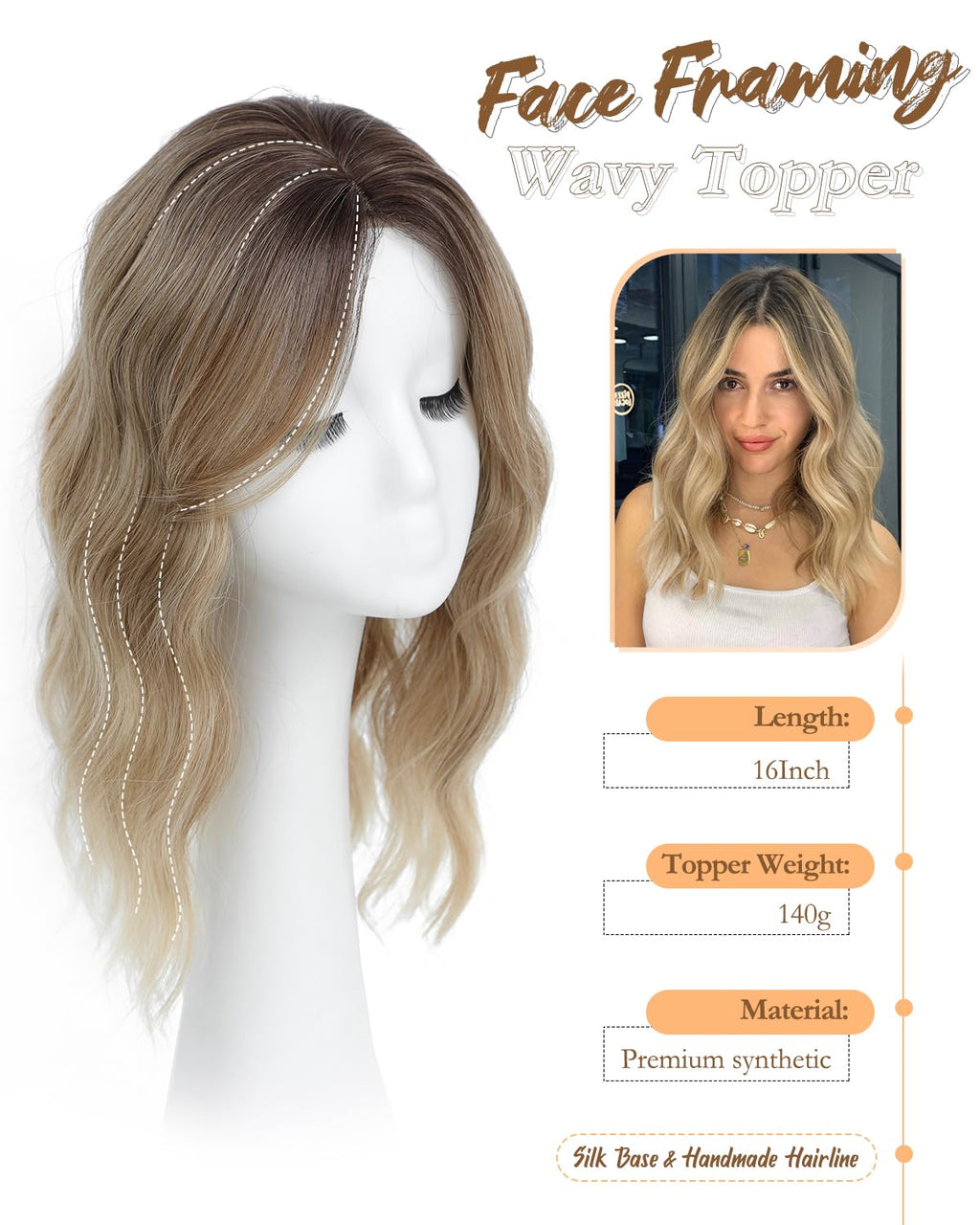 PANEWAY clip in synthetic hair topper highlighting the dark root smudge and wavy texture.