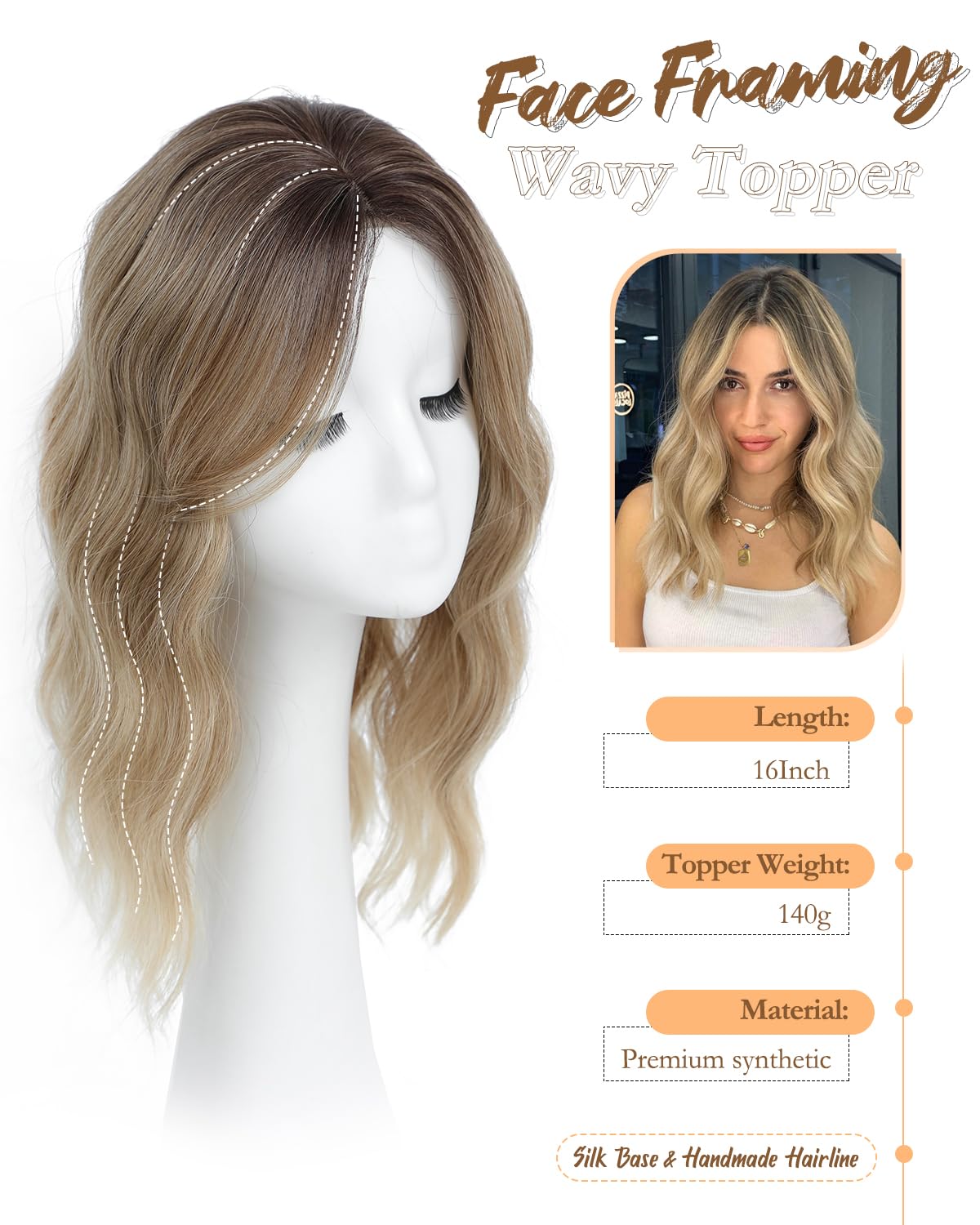 PANEWAY clip in synthetic hair topper highlighting the dark root smudge and wavy texture.