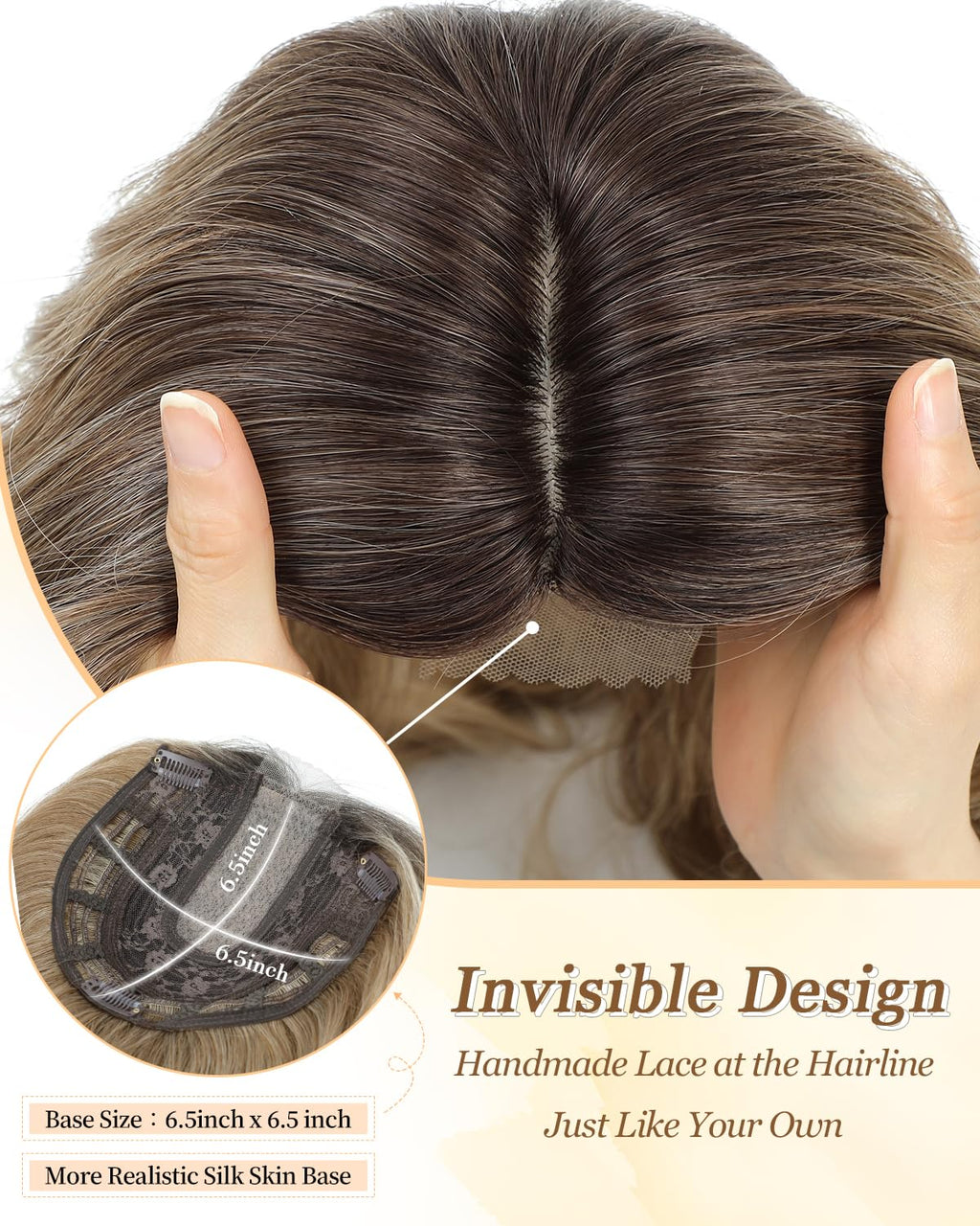Side view of the premium heat-resistant synthetic wavy hair topper in dimensional brown blonde.