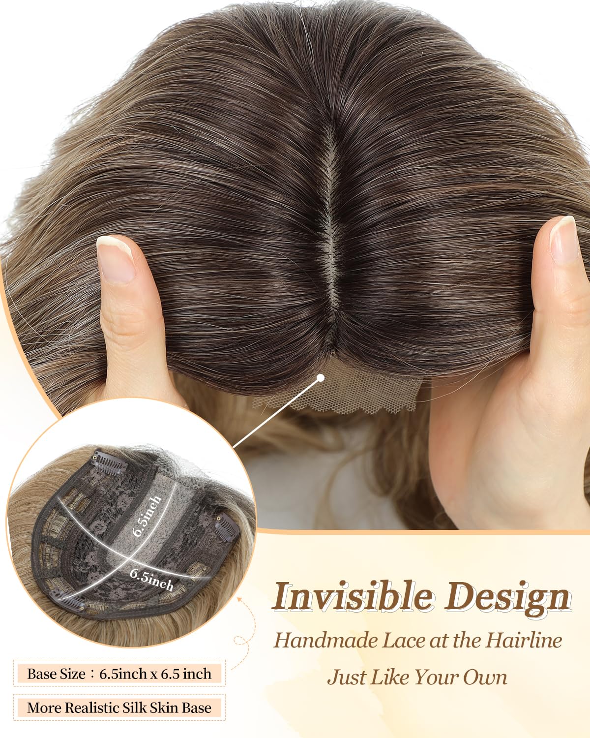 Side view of the premium heat-resistant synthetic wavy hair topper in dimensional brown blonde.