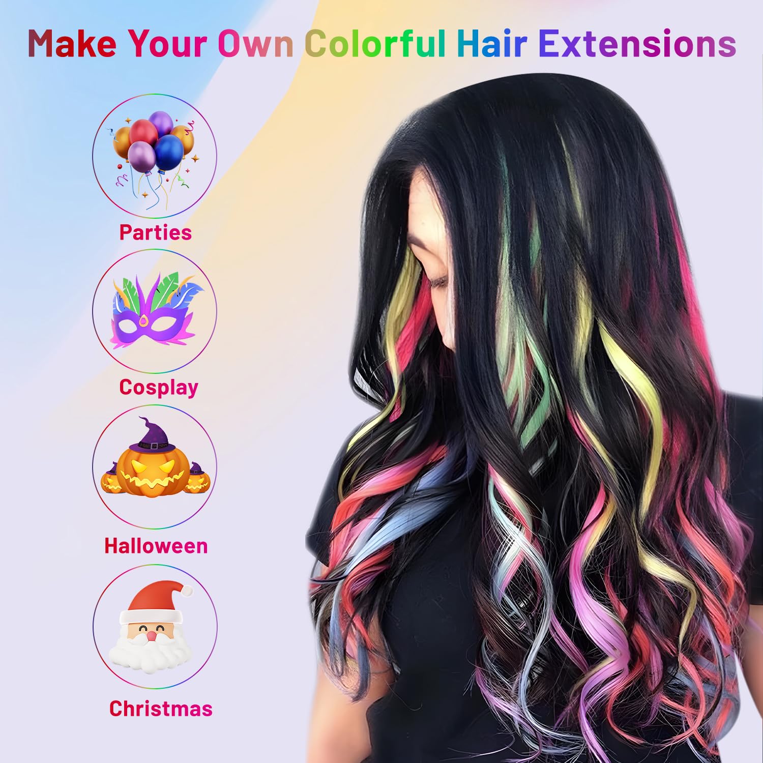 Close up of multi color party highlights clip in synthetic hairpiece showing the secure attachment clips.
