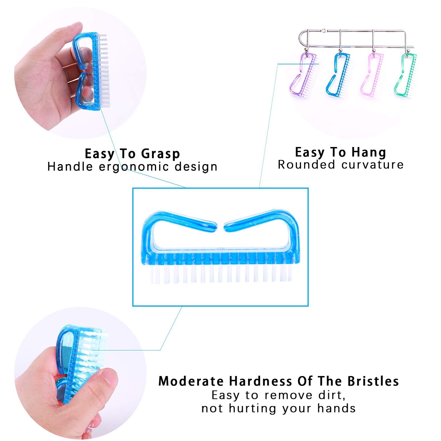 Close up of the flexible plastic bristles on the Qeedy hand brush designed for gentle nail scrubbing
