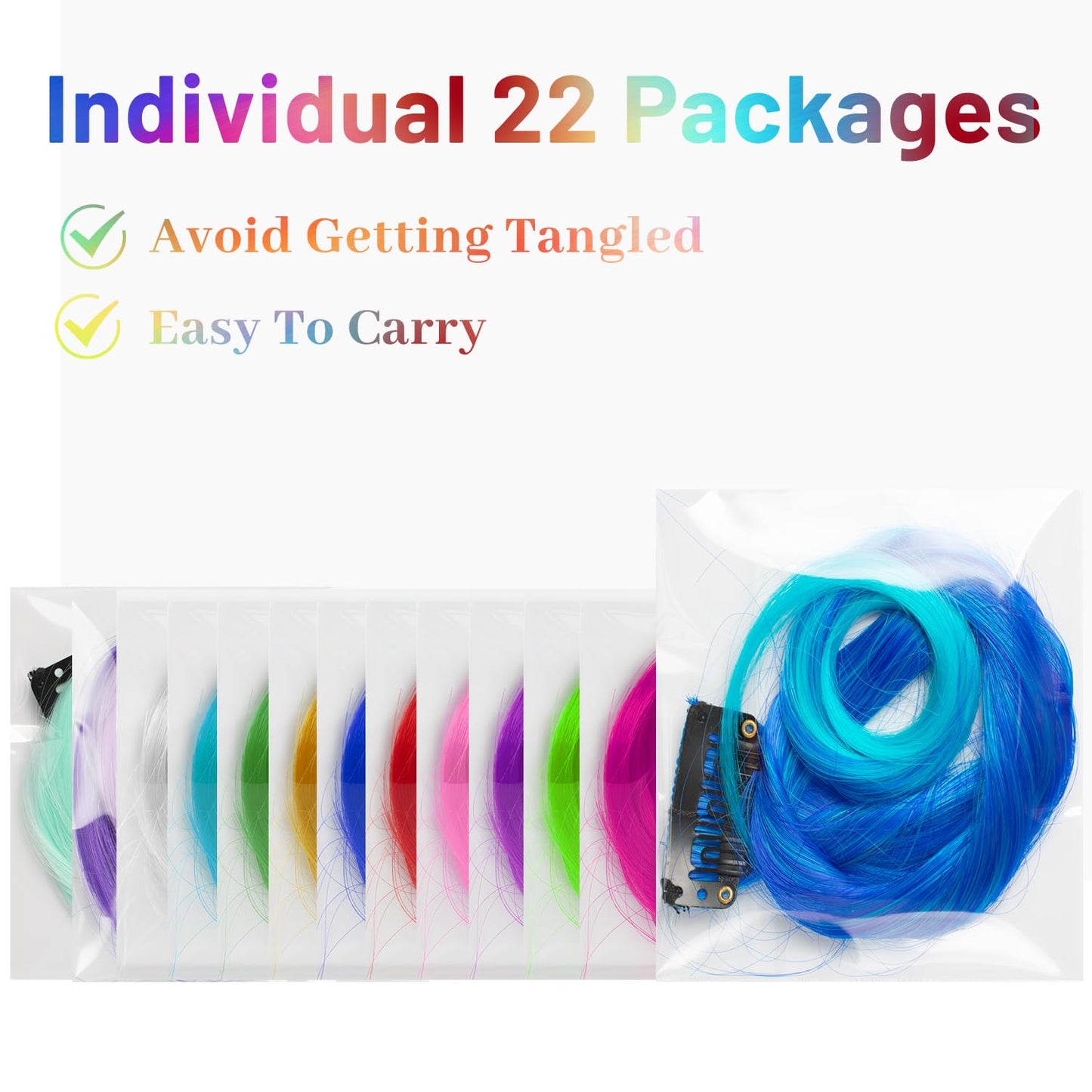 Premium imported TOFAFA colorful hair extensions package laid flat demonstrating easy to use styling pieces.