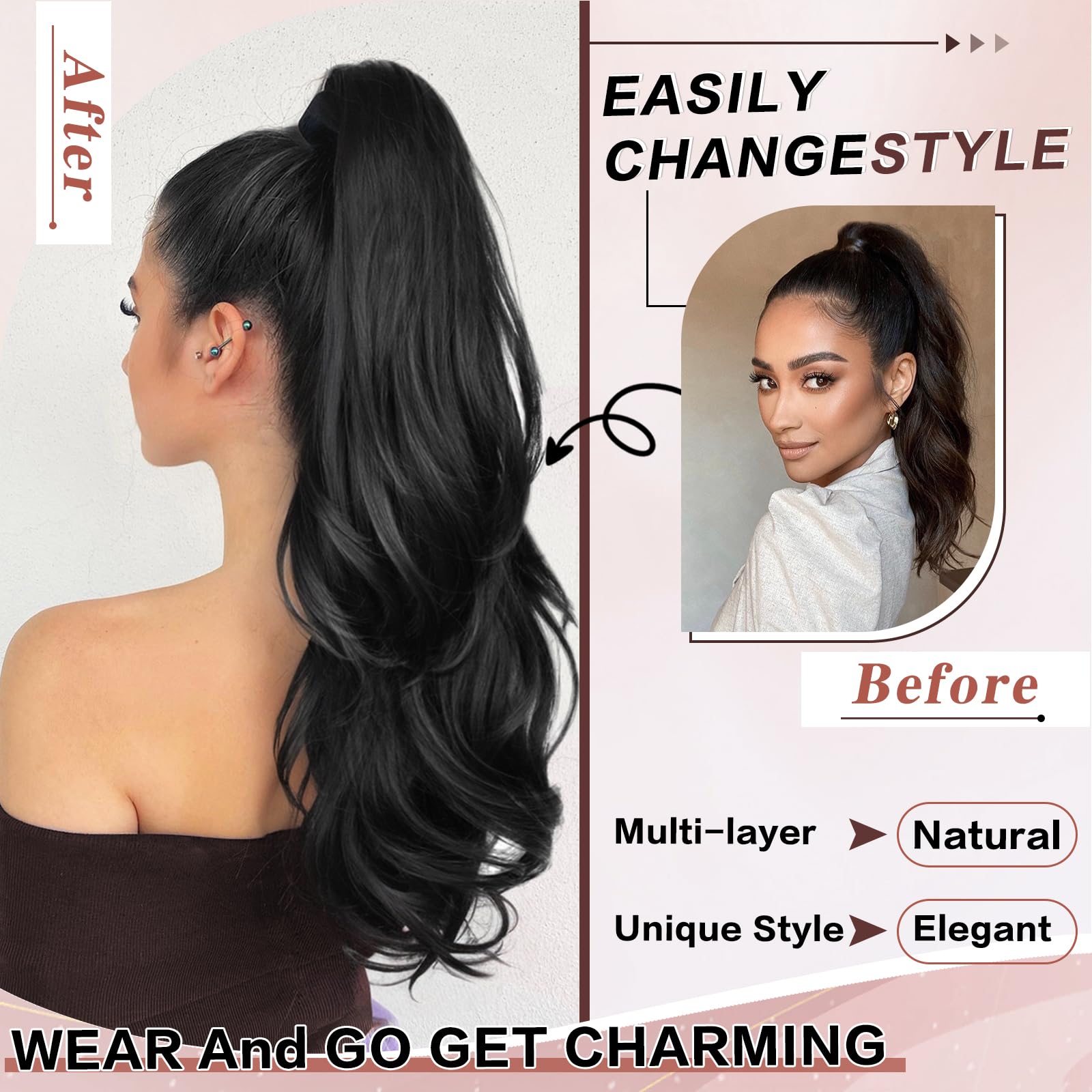 MSMUSAS 26 inch synthetic hairpiece back view displaying voluminous multi-layer tail.