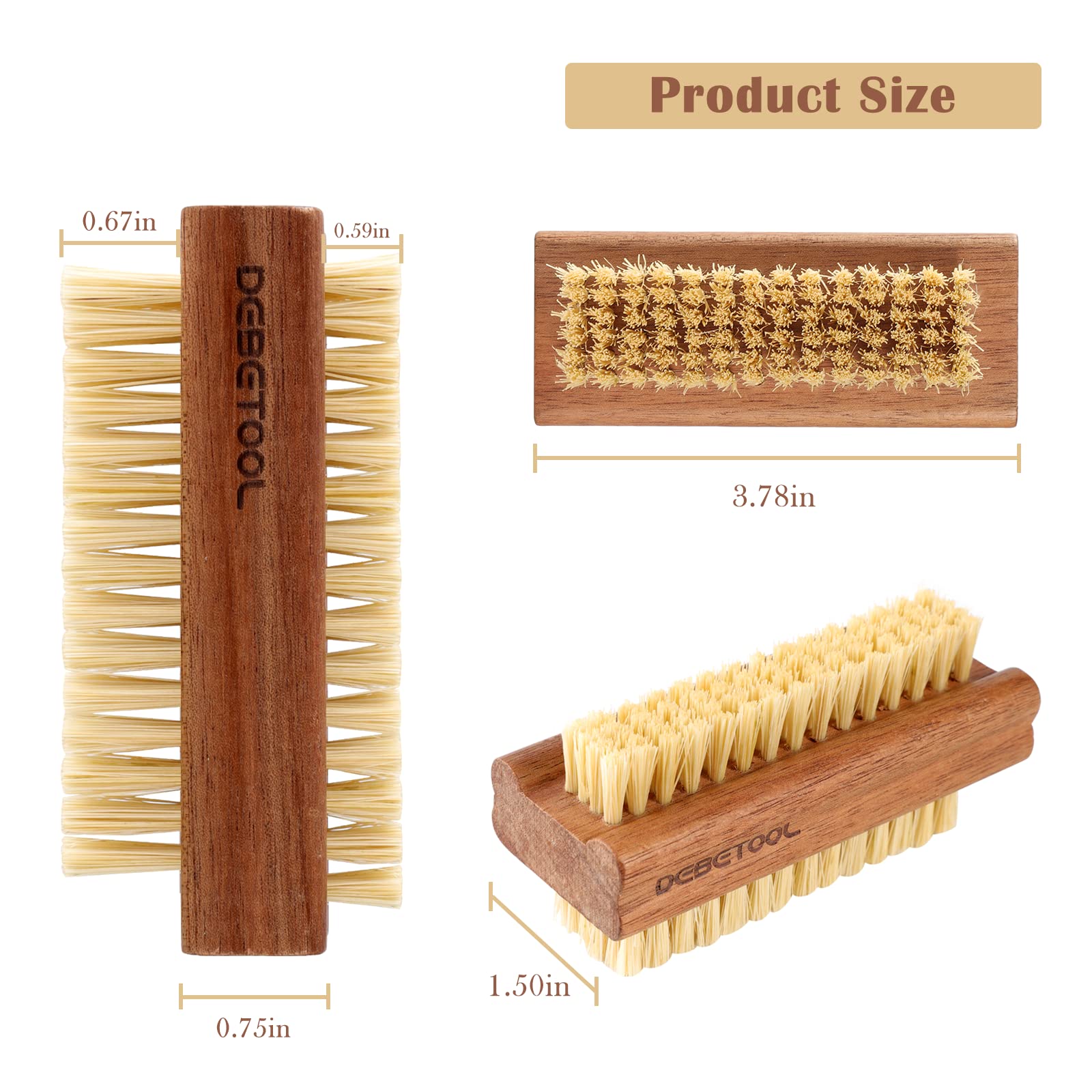 DEBETOOL double sided wooden fingernail scrub brush showcasing short and long cleaning bristles.