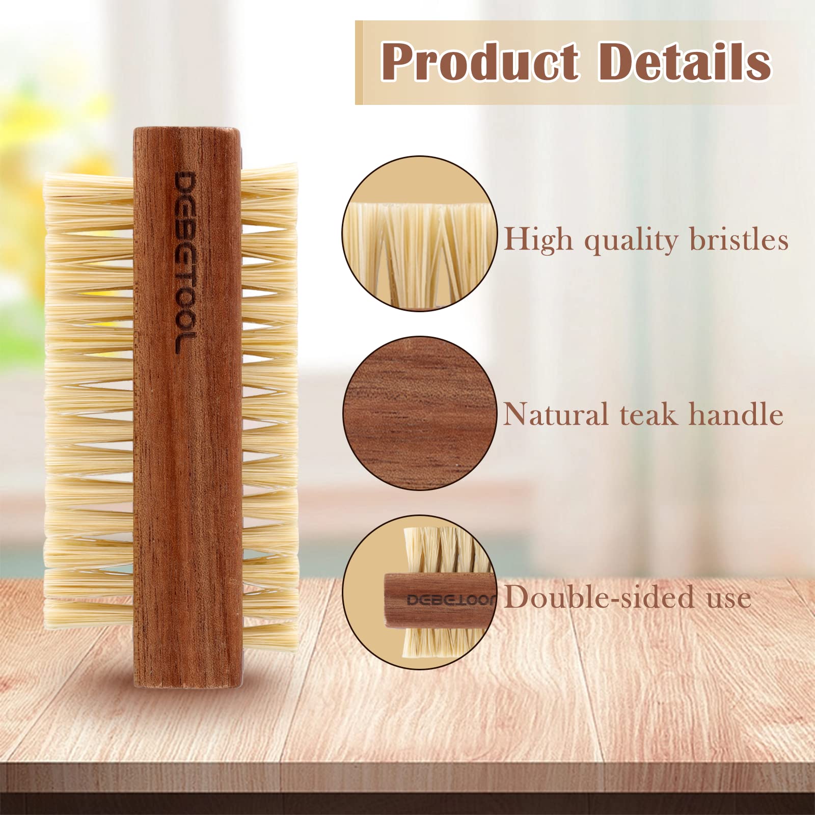 Water resistant acacia wood hand scrubber by DEBETOOL for cuticle and finger cleaning.