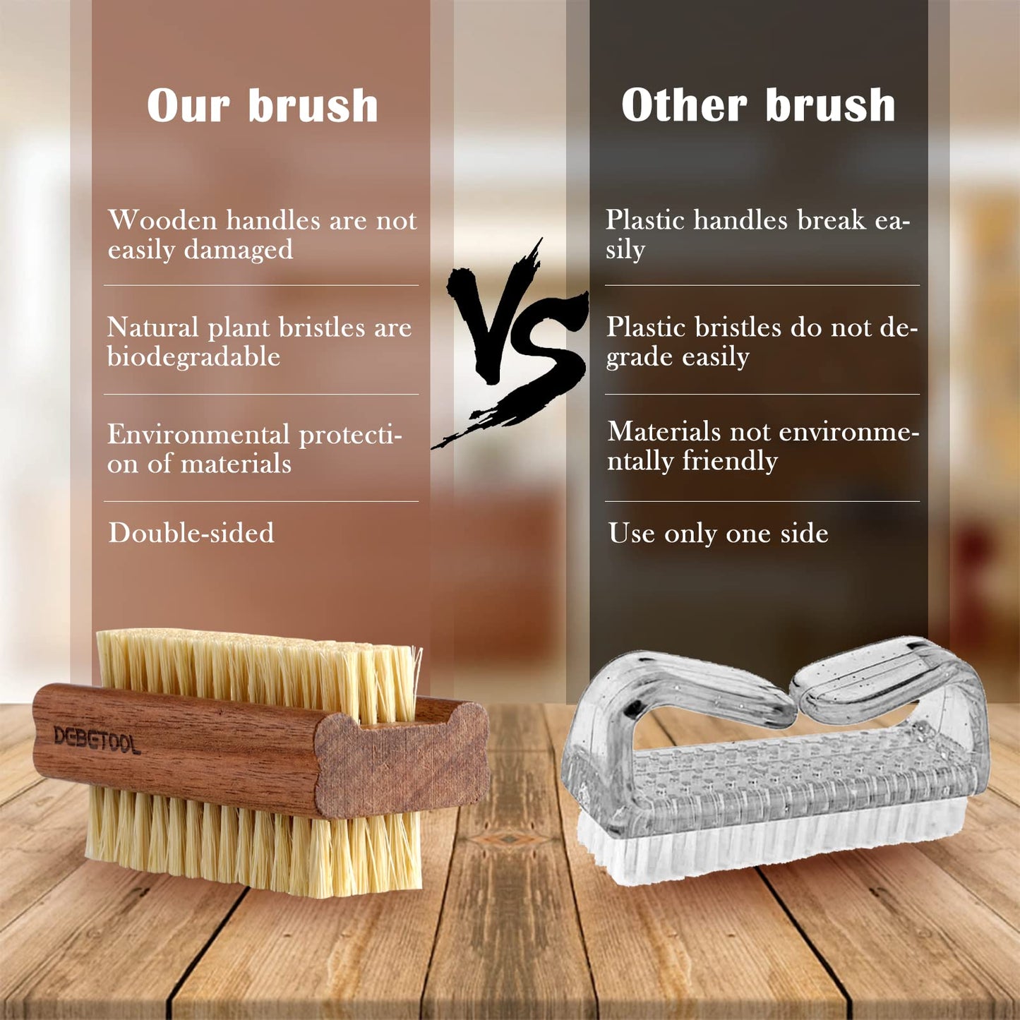 Two pack of natural wooden manicure brushes by DEBETOOL highlighting the ergonomic grip handle.