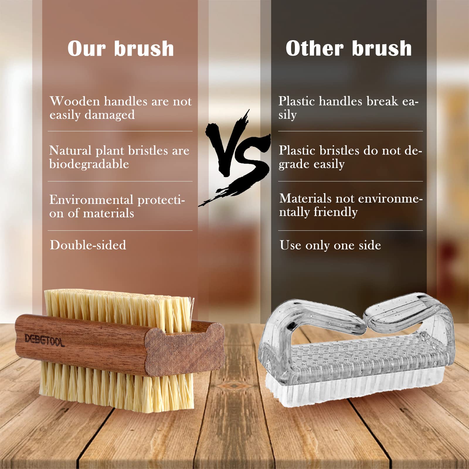 Two pack of natural wooden manicure brushes by DEBETOOL highlighting the ergonomic grip handle.