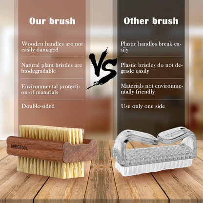 Two pack of natural wooden manicure brushes by DEBETOOL highlighting the ergonomic grip handle.