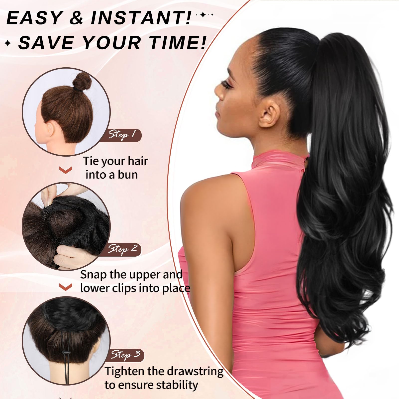 MSMUSAS long black layered hairpiece showing the realistic texture and shine.
