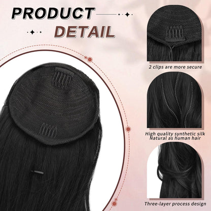 Step by step application visual of the secure clip in drawstring ponytail.