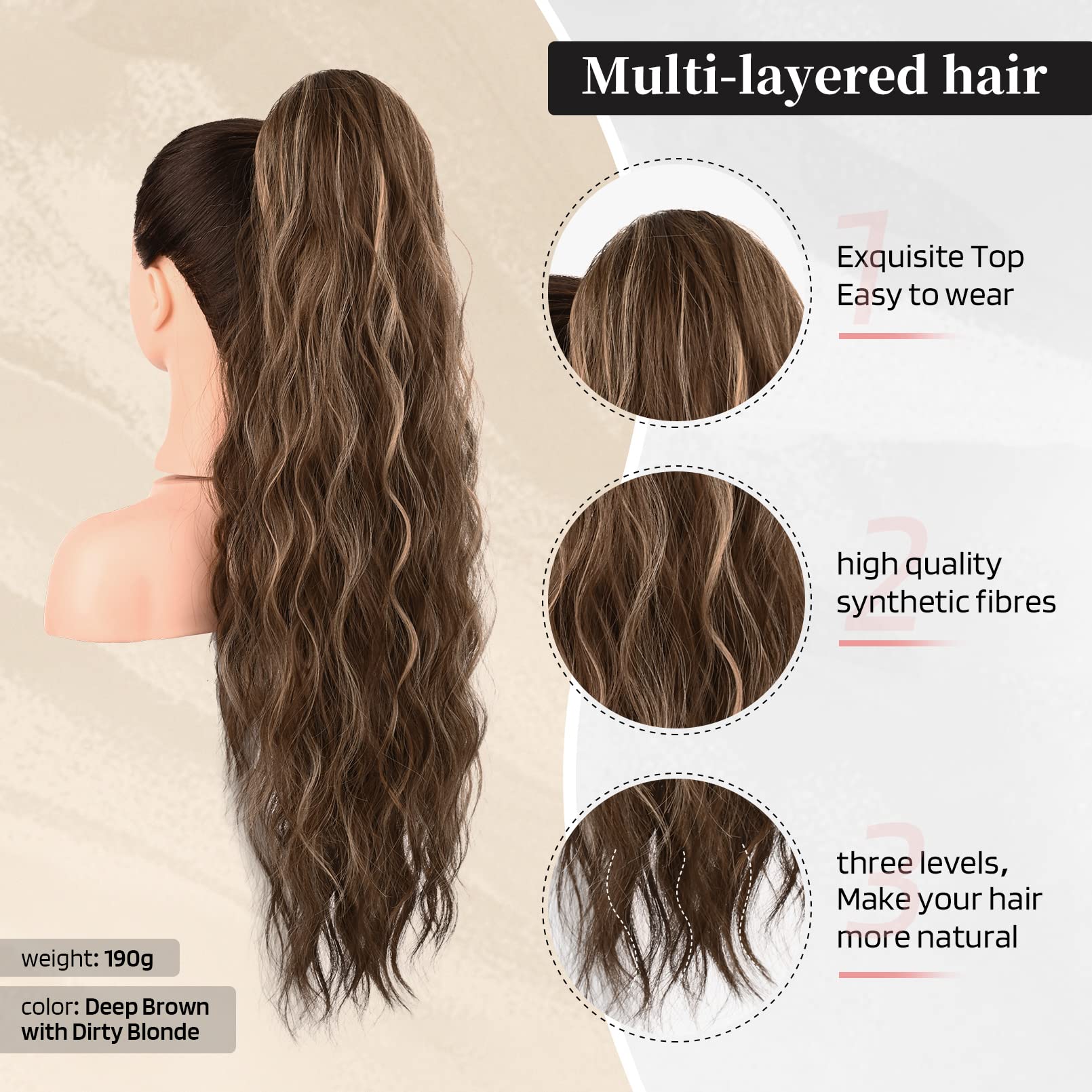 Flufymooz twenty-six inch deep brown with dirty blonde hair extension highlighting multi-layered bohemian curls.