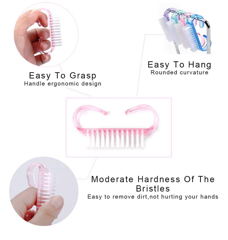 Ergonomic plastic hand fingernail scrub brush in pink color close up view
