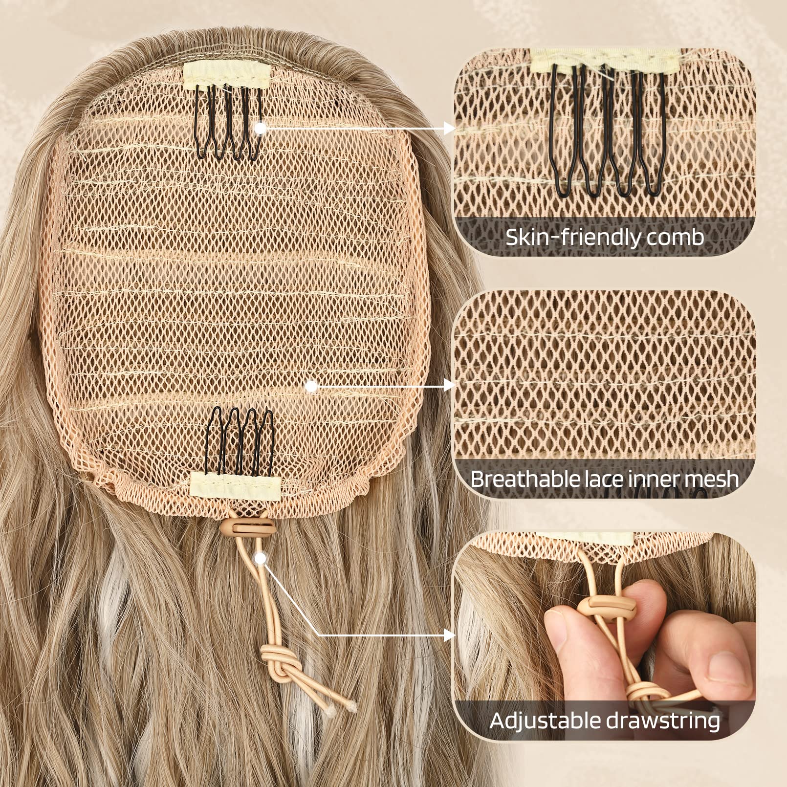 Close up look at the inner mesh net of the Flufymooz ponytail extension with four invisible combs.