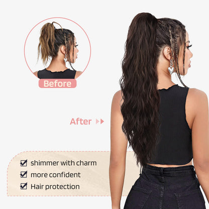Demonstration of the adjustable elastic drawstring mechanism on a premium synthetic hair extension.