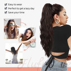 Rear view of a model wearing the Flufymooz long wavy ponytail hairpiece for volume enhancement.