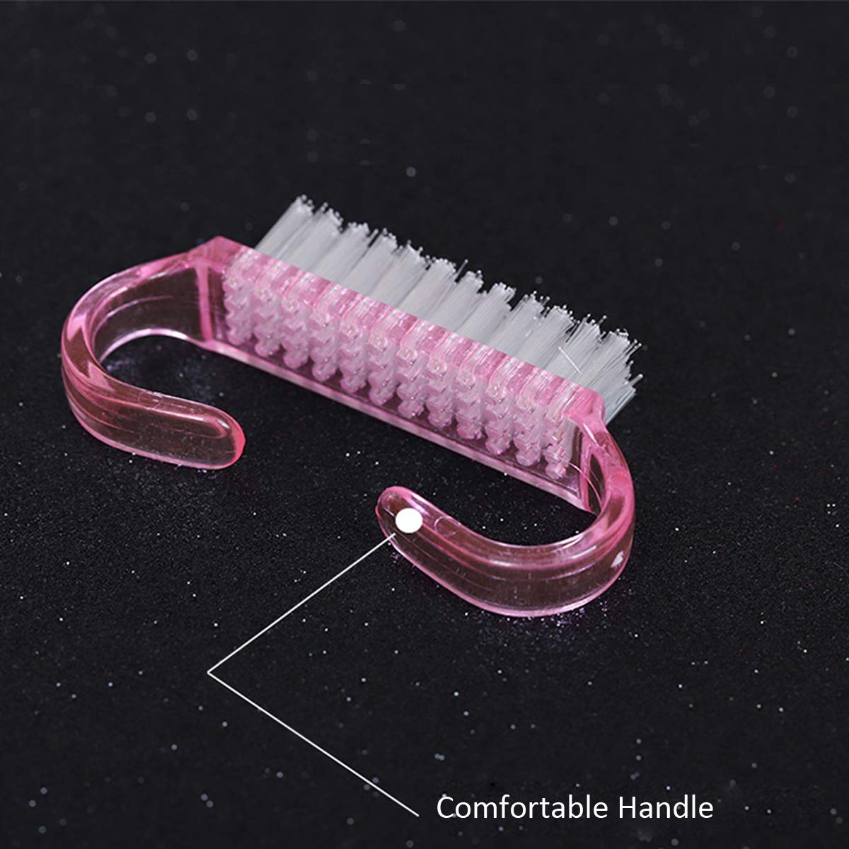 Portable lightweight toe and fingernail scrub tool highlighting the easy grip handle
