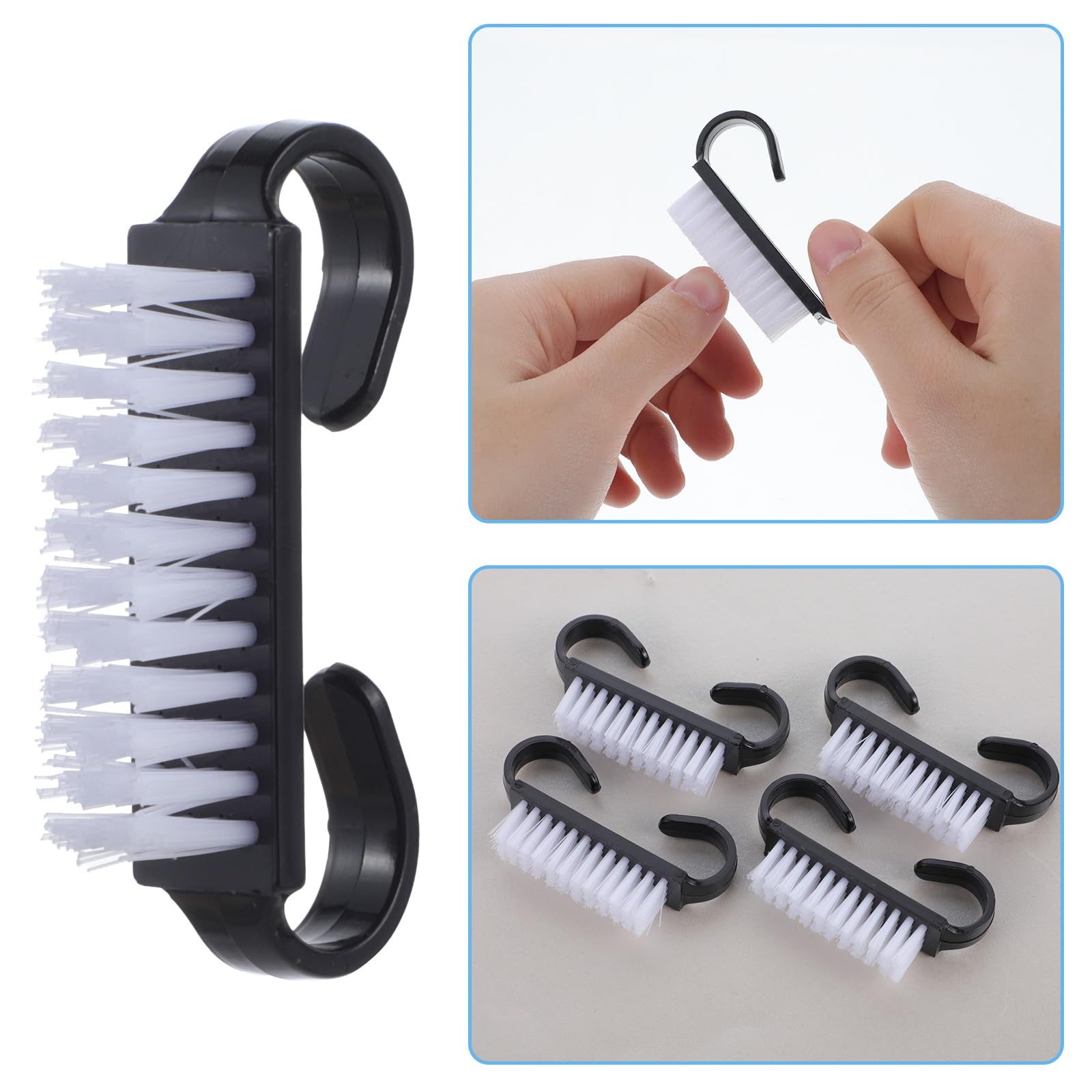 Close up shot of the durable nylon bristles on the small rectangular nail scrubber tool.