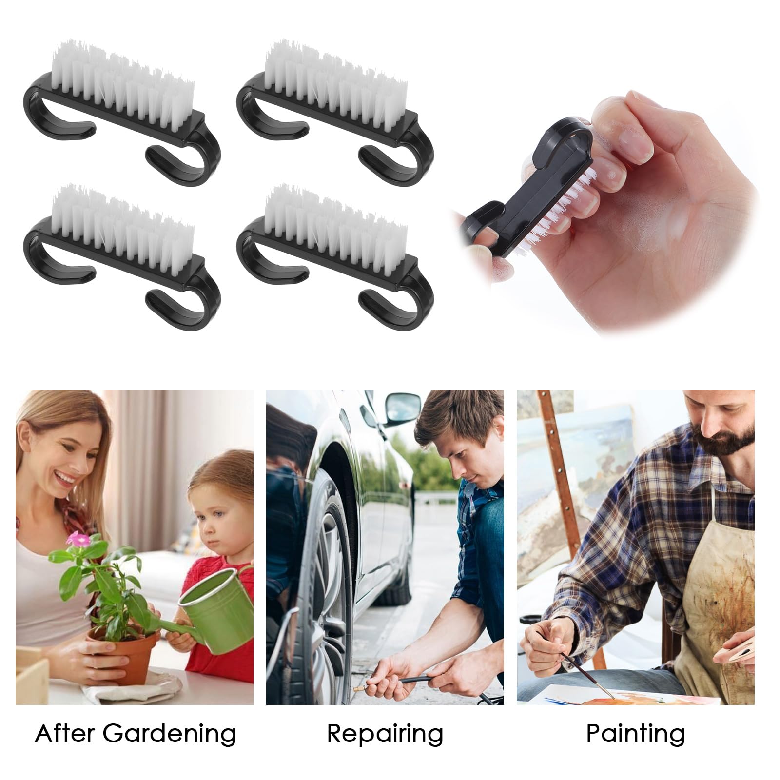 Aeaocvo nail brush cleaner tool being used to scrub underneath fingernails for hygiene.