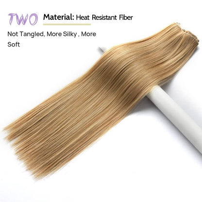 Close-up of the high-quality heat-resistant synthetic fibers of the StrRid blonde hairpiece.