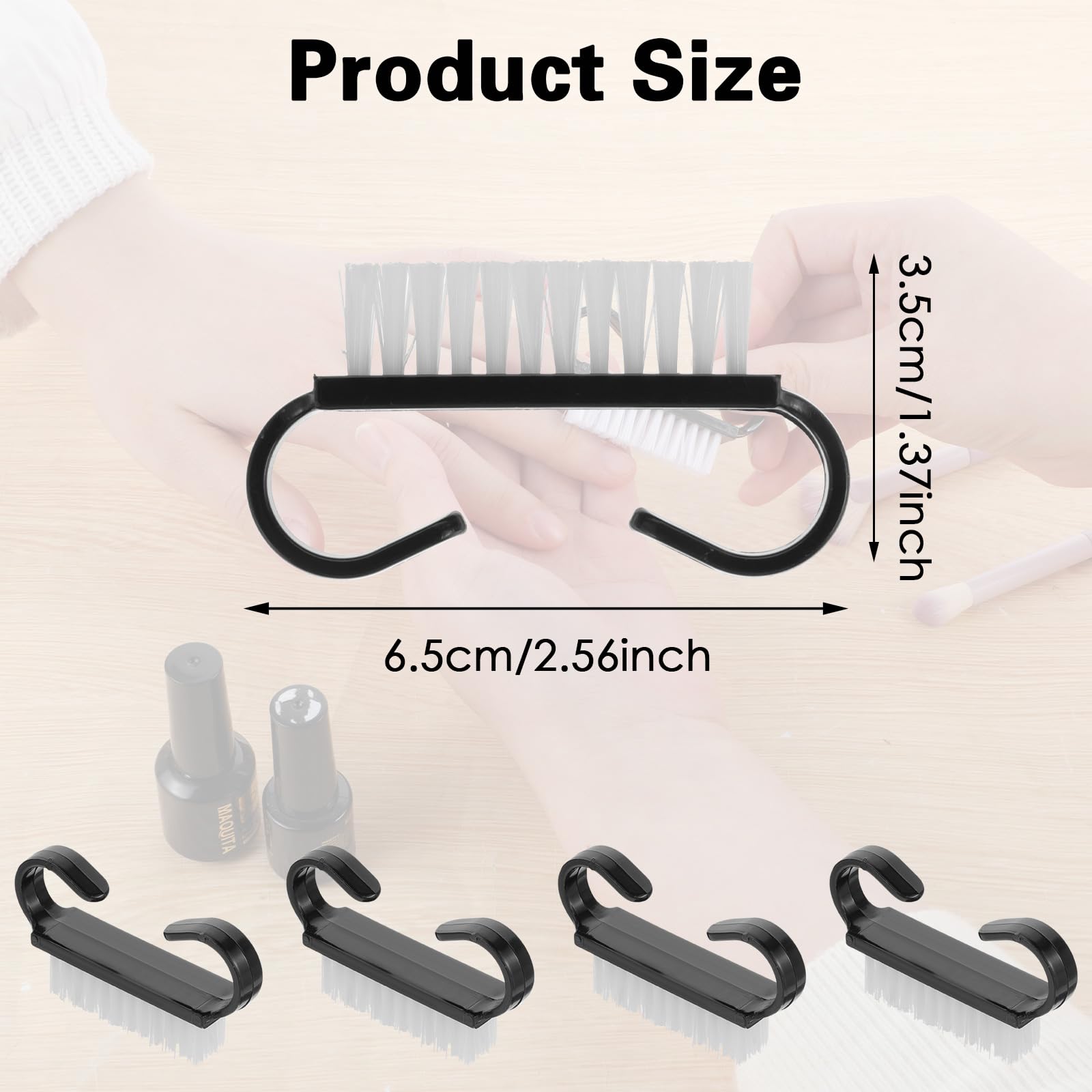 Compact black fingernail and toe scrubber brush shown next to a travel kit for size reference.