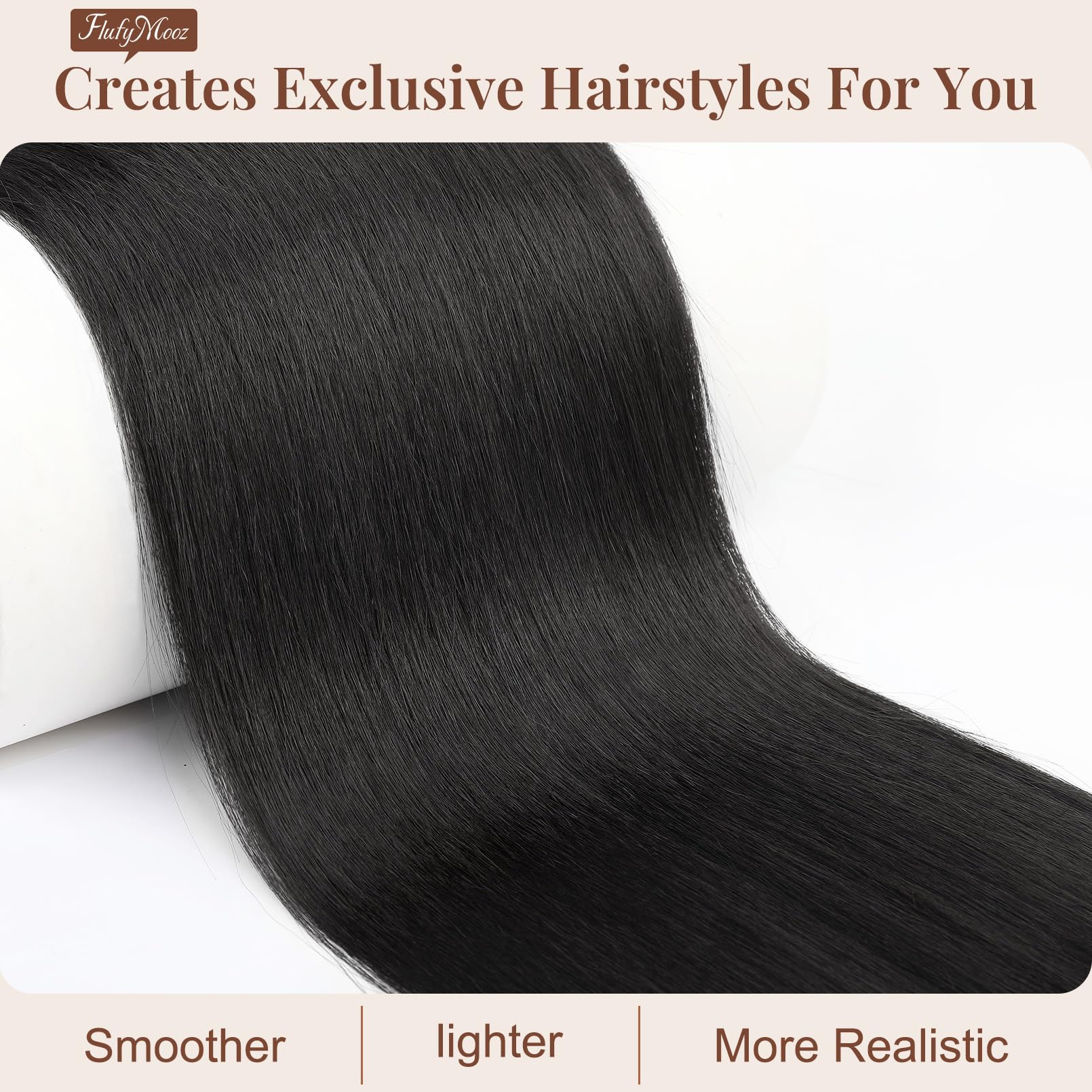 Close up view of the breathable mesh base and dual clips on the Flufymooz synthetic hair extension.