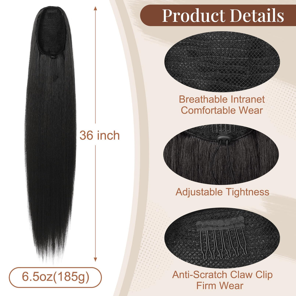 Flufymooz natural black synthetic ponytail extension being attached securely over a high hair bun.